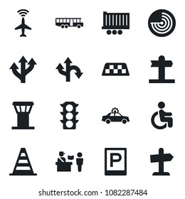 Set of vector isolated black icon - airport tower vector, plane radar, taxi, bus, parking, passport control, alarm car, border cone, disabled, route, signpost, traffic light, truck trailer