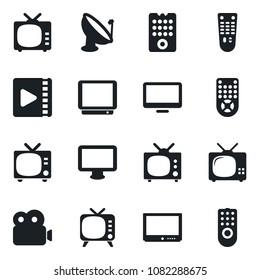 Set of vector isolated black icon - tv vector, satellite antenna, remote control, monitor, video