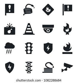 Set of vector isolated black icon - bomb in case vector, border cone, storm cloud, fire, hose, important flag, traffic light, flammable, protect, surveillance