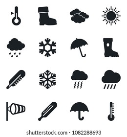 Set of vector isolated black icon - umbrella vector, sun, clouds, storm cloud, wind, boot, rain, thermometer, snowflake