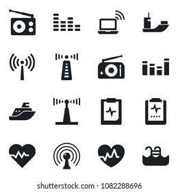 Set of vector isolated black icon - antenna vector, wireless notebook, heart pulse, clipboard, sea shipping, radio, equalizer, pool
