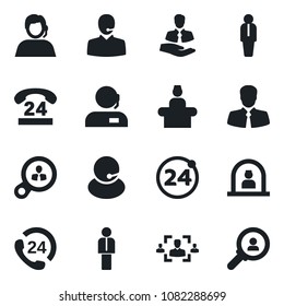 Set of vector isolated black icon - 24 around vector, reception, manager, hours, support, client, hr, consumer search