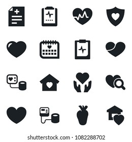 Set of vector isolated black icon - heart vector, pulse, diagnosis, blood pressure, diagnostic, shield, hand, real, medical calendar, clipboard, sweet home