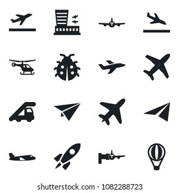 Set of vector isolated black icon - plane vector, departure, arrival, ladder car, boarding, helicopter, airport building, lady bug, rocket, paper, air balloon