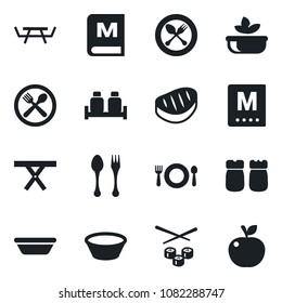 Set of vector isolated black icon - spoon and fork vector, picnic table, cafe, menu, salad, salt pepper, steak, bowl, sushi, apple fruit