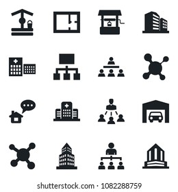 Set of vector isolated black icon - hierarchy vector, well, molecule, hospital, office building, garage, plan, home message