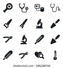 Set of vector isolated black icon - trowel vector, pruner, saw, stethoscope, blood pressure, thermometer, heart diagnostic, microscope
