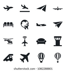 Set of vector isolated black icon - plane vector, airport tower, radar, arrival, waiting area, ladder car, helicopter, globe, paper, air balloon