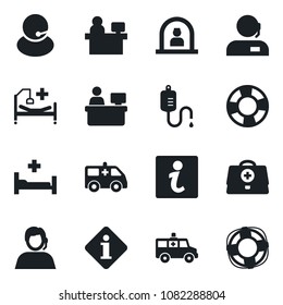 Set of vector isolated black icon - reception vector, manager place, doctor case, dropper, ambulance car, hospital bed, support, information, crisis management