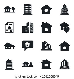 Set of vector isolated black icon - house vector, office building, with garage, tree, estate document, sweet home, city, message
