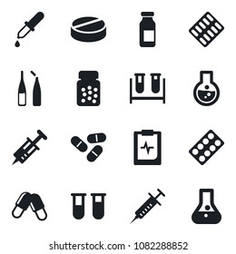 Set of vector isolated black icon - syringe vector, blood test vial, dropper, pills, bottle, blister, ampoule, pulse clipboard, flask