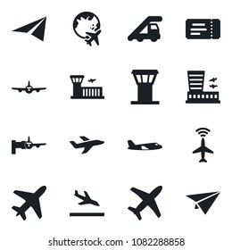 Set of vector isolated black icon - plane vector, airport tower, radar, arrival, ticket, ladder car, boarding, globe, building, paper