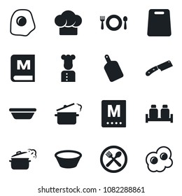 Set of vector isolated black icon - cook vector, cafe, hat, menu, salt and pepper, bowl, cutting board, knife, steaming pan, omelette