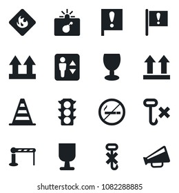 Set of vector isolated black icon - barrier vector, elevator, no smoking, bomb in case, border cone, important flag, traffic light, fragile, up side sign, hook, flammable, loudspeaker