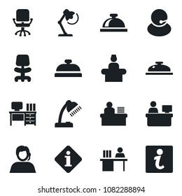 Set of vector isolated black icon - reception bell vector, office chair, desk, manager place, support, lamp, information
