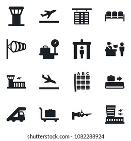 Set of vector isolated black icon - airport tower vector, departure, arrival, baggage conveyor, trolley, passport control, security gate, waiting area, ladder car, wind, boarding, seat map, building