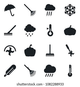 Set of vector isolated black icon - umbrella vector, storm cloud, ripper, rake, rain, pumpkin, thermometer, snowflake