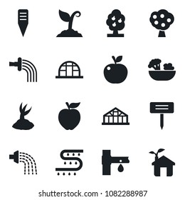 Set of vector isolated black icon - watering vector, sproute, plant label, greenhouse, drip irrigation, fruit tree, salad, apple, eco house
