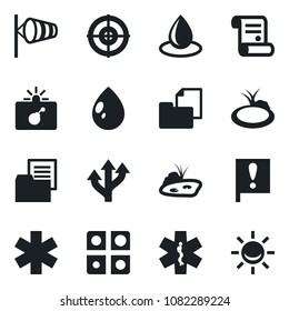 Set of vector isolated black icon - bomb in case vector, wind, contract, water drop, pond, ambulance star, route, important flag, folder document, application, target, alarm led