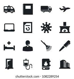 Set of vector isolated black icon - pen vector, document reload, rake, dropper, ambulance car, hospital bed, virus, plane, delivery, copybook, support, notebook pc, fireplace, water heater, door
