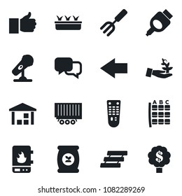 Set of vector isolated black icon - left arrow vector, seat map, garden fork, seedling, fertilizer, truck trailer, warehouse, microphone, remote control, dialog, finger up, hdmi, paper tray