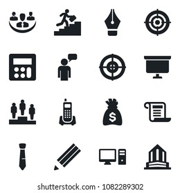 Set of vector isolated black icon - speaking man vector, pedestal, money bag, presentation board, office phone, calculator, company, ink pen, target, tie, pencil, career ladder, pc, contract