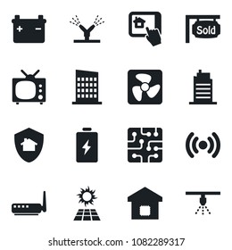 Set of vector isolated black icon - sold signboard vector, tv, smart home, city house, chip, fan, irrigation, wireless, router, control app, protect, sun panel, battery, sprinkler