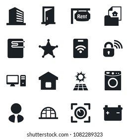 Set of vector isolated black icon - office building vector, greenhouse, estate document, rent, agent, smart home, wireless lock, water heater, pc, washer, eye scan, police, sun panel, door, battery