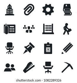 Set of vector isolated black icon - office chair vector, group, settings, drawing pin, paper clip, building, identity card, abacus, phone, pencil, manager, book, stapler, hard work