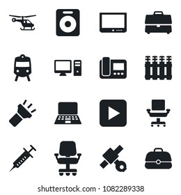 Set of vector isolated black icon - train vector, helicopter, notebook pc, syringe, satellite, tv, speaker, play button, torch, case, office chair, intercome, radiator