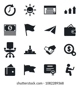 Set of vector isolated black icon - alarm led vector, arrow up graph, handshake, wallet, clock, office chair, money search, flag, cash, paper plane, schedule, certificate, pedestal