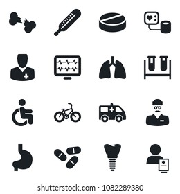 Set of vector isolated black icon - monitor pulse vector, blood pressure, test vial, thermometer, pills, ambulance car, bike, disabled, stomach, lungs, implant, broken bone, doctor, patient