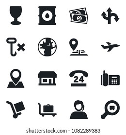 Set of vector isolated black icon - baggage trolley vector, route, navigation, earth, pin, store, plane, cash, office phone, 24 hours, support, fragile, cargo, no hook, oil barrel, search
