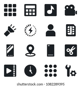 Set of vector isolated black icon - mobile vector, phone back, menu, user, calculator, clock, sim, torch, cut, place tag, music, video, charge, root setup