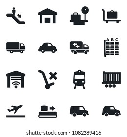 Set of vector isolated black icon - departure vector, baggage conveyor, trolley, train, escalator, seat map, luggage scales, truck trailer, car delivery, no, warehouse, moving, garage gate control