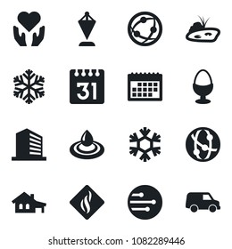 Set of vector isolated black icon - office building vector, pennant, heart hand, network, calendar, house with garage, pond, egg stand, snowflake, water, smoke detector, car