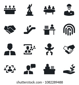 Set of vector isolated black icon - escalator vector, baby, pedestal, meeting, doctor, speaker, fingerprint id, hr, manager desk, estate agent, handshake, palm sproute