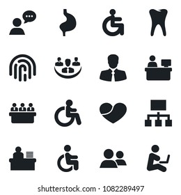 Set of vector isolated black icon - disabled vector, meeting, manager place, stomach, tooth, client, speaker, group, heart, fingerprint id, company, desk, hierarchy, man with notebook