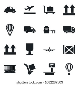 Set of vector isolated black icon - departure vector, baggage trolley, plane, railroad, car delivery, sea port, container, fragile, cargo, up side sign, heavy scales, air balloon