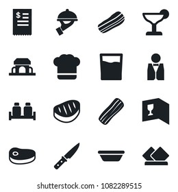 Set of vector isolated black icon - waiter vector, cook hat, wine card, drink, cocktail, bacon, salt and pepper, cafe building, restaurant receipt, steak, bowl, knife, serviette