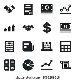 Set of vector isolated black icon - handshake vector, dollar sign, calculator, abacus, cash, news, pie graph, point, contract, arrow up