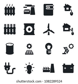 Set of vector isolated black icon - bulb vector, factory, oil barrel, sun panel, windmill, heater, home control, power plug, water, radiator, battery