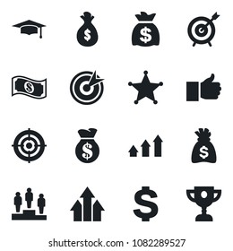 Set of vector isolated black icon - dollar sign vector, pedestal, graduate, money bag, finger up, target, police, arrow graph, cash, award cup