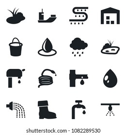 Set of vector isolated black icon - bucket vector, watering, boot, water drop, rain, hose, pond, drip irrigation, sea shipping, supply, warehouse, sprinkler