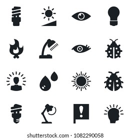 Set of vector isolated black icon - sun vector, bulb, lady bug, fire, eye, important flag, brightness, desk lamp, water, energy saving, shining head