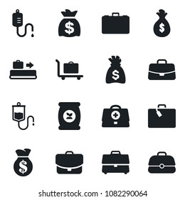 Set of vector isolated black icon - suitcase vector, baggage conveyor, trolley, case, money bag, fertilizer, doctor, dropper