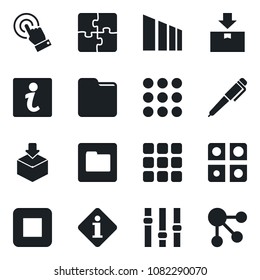 Set of vector isolated black icon - package vector, sorting, settings, touch screen, stop button, menu, folder, application, pen, information, social media