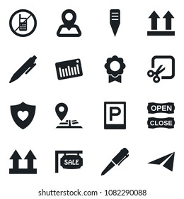 Set of vector isolated black icon - parking vector, no mobile, pen, plant label, heart shield, navigation, up side sign, barcode, cut, sertificate, sale, open close, paper plane