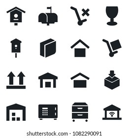 Set of vector isolated black icon - safe vector, bird house, fragile, cargo, warehouse storage, up side sign, no trolley, package, blank box, archive, mailbox, garage gate control