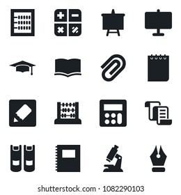 Set of vector isolated black icon - contract vector, book, calculator, graduate, abacus, notepad, presentation board, microscope, notes, copybook, paper clip, ink pen